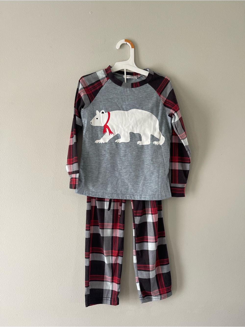 Kids Grey Polar Bear Plaid Pajama Set - Red & Black